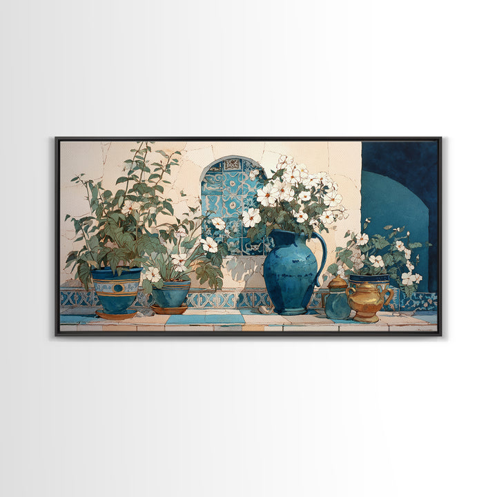 Blue and White Ceramic Pitcher Framed Canvas Print, French Country Art, French Country Decor, Farmhouse Decor, Oil Painting, FCA-2x1-95