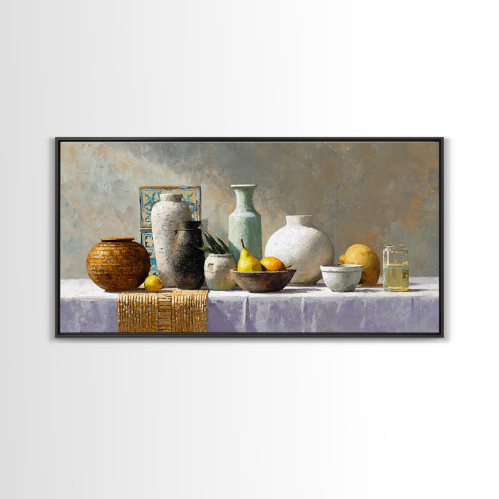 Pear Still Life on Linen Tablecloth Framed Canvas Print, French Country Art, Digital Art Prints, Farmhouse Decor, Country, FCA-2x1-96