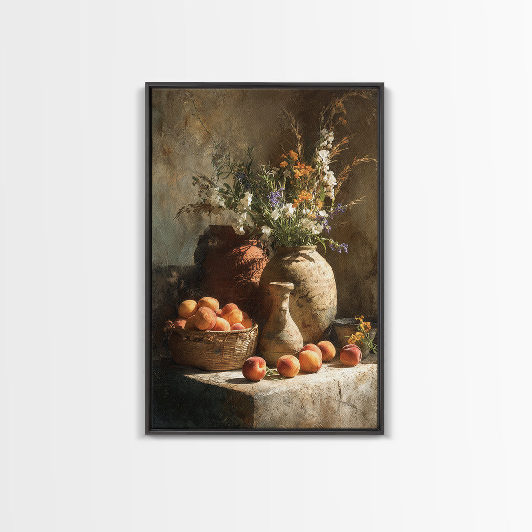 Basket of Fresh Peaches and Wildflowers Canvas Print, French Country Art, Floral Wall Art, Farmhouse Decor, Country, FCA-2x3-100