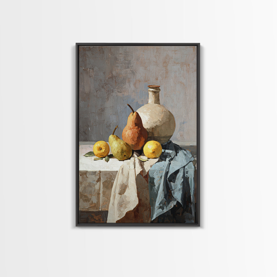 Pear Still Life on Linen Tablecloth Framed Canvas Print, French Country Art, Downloadable Art, Farmhouse Decor, Country, FCA-2x3-12