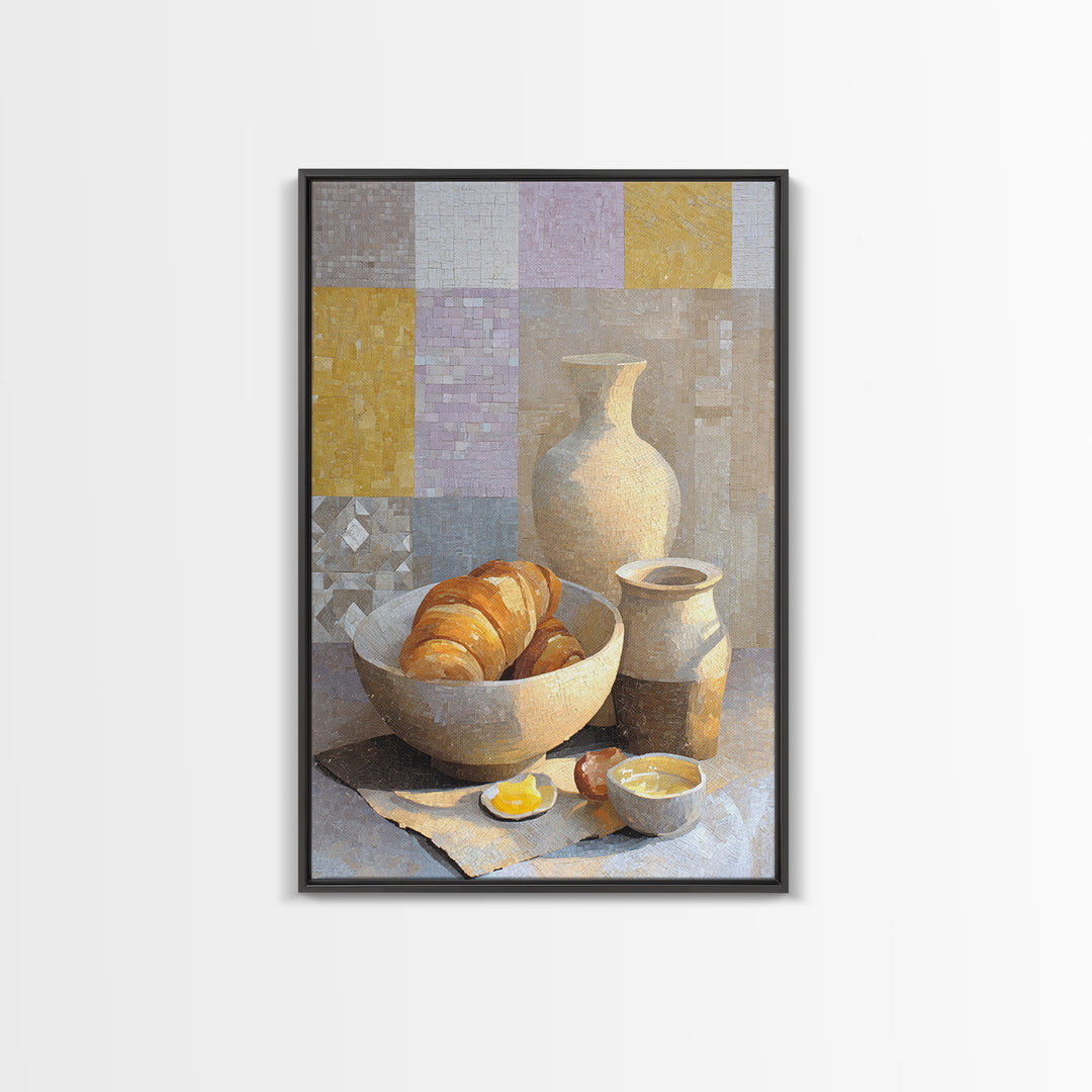 Caf Au Lait Bowl Framed Canvas Print, French Country Art, Above Bed Art, Farmhouse Decor, Watercolor Art, Country, FCA-2x3-18