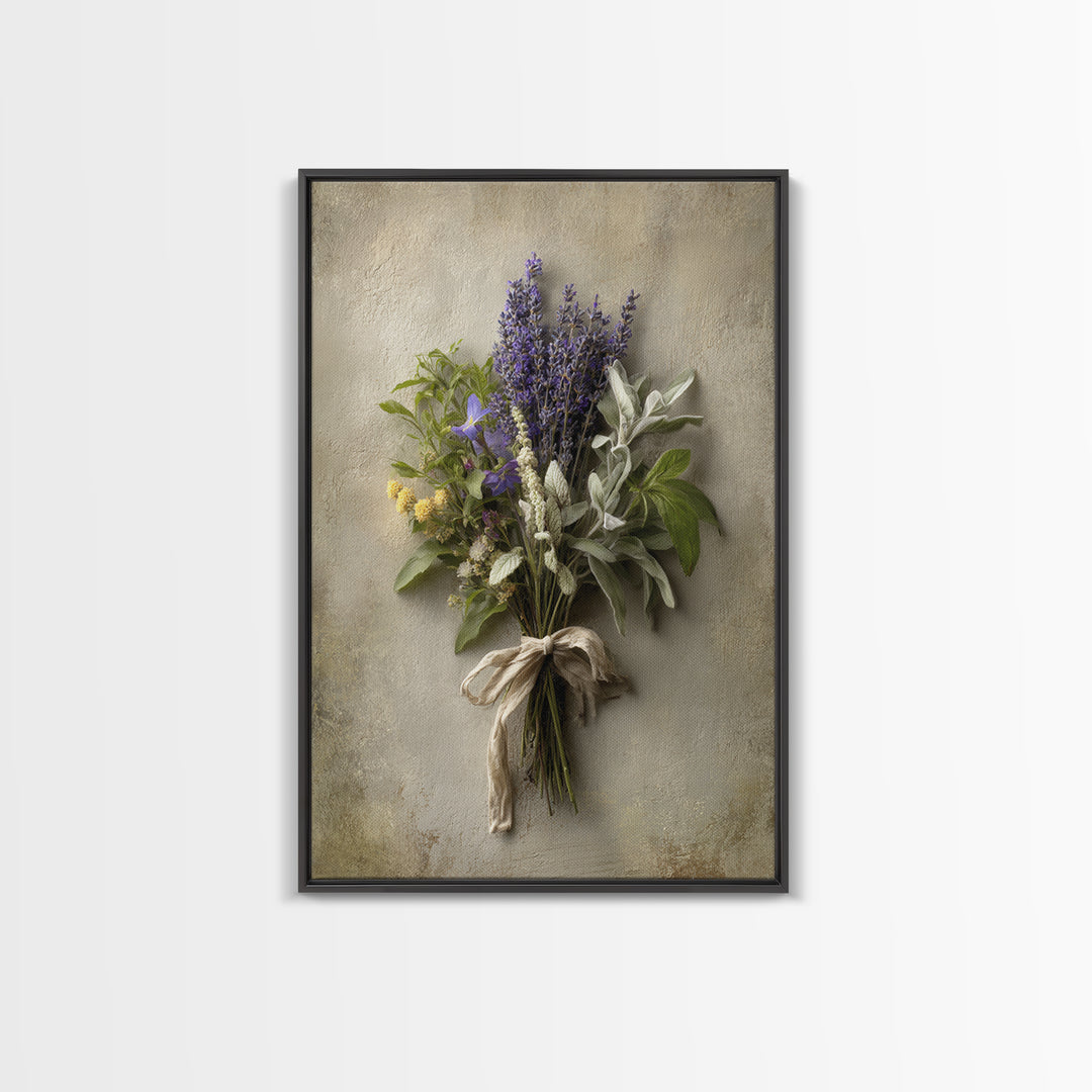 Farmhouse Kitchen Herbs Tied Framed Canvas Print, French Country Art, Above Bed Art, Farmhouse Decor, Oil Painting, Country, FCA-2x3-21