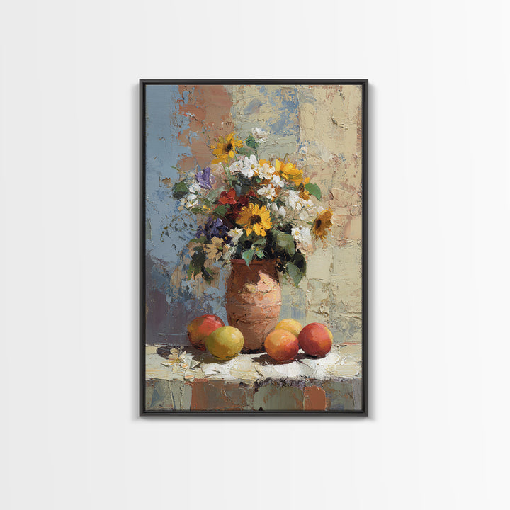 Basket of Fresh Peaches and Wildflowers Canvas Print, French Country Art, Textured Painting, Farmhouse Decor, Country, FCA-2x3-28
