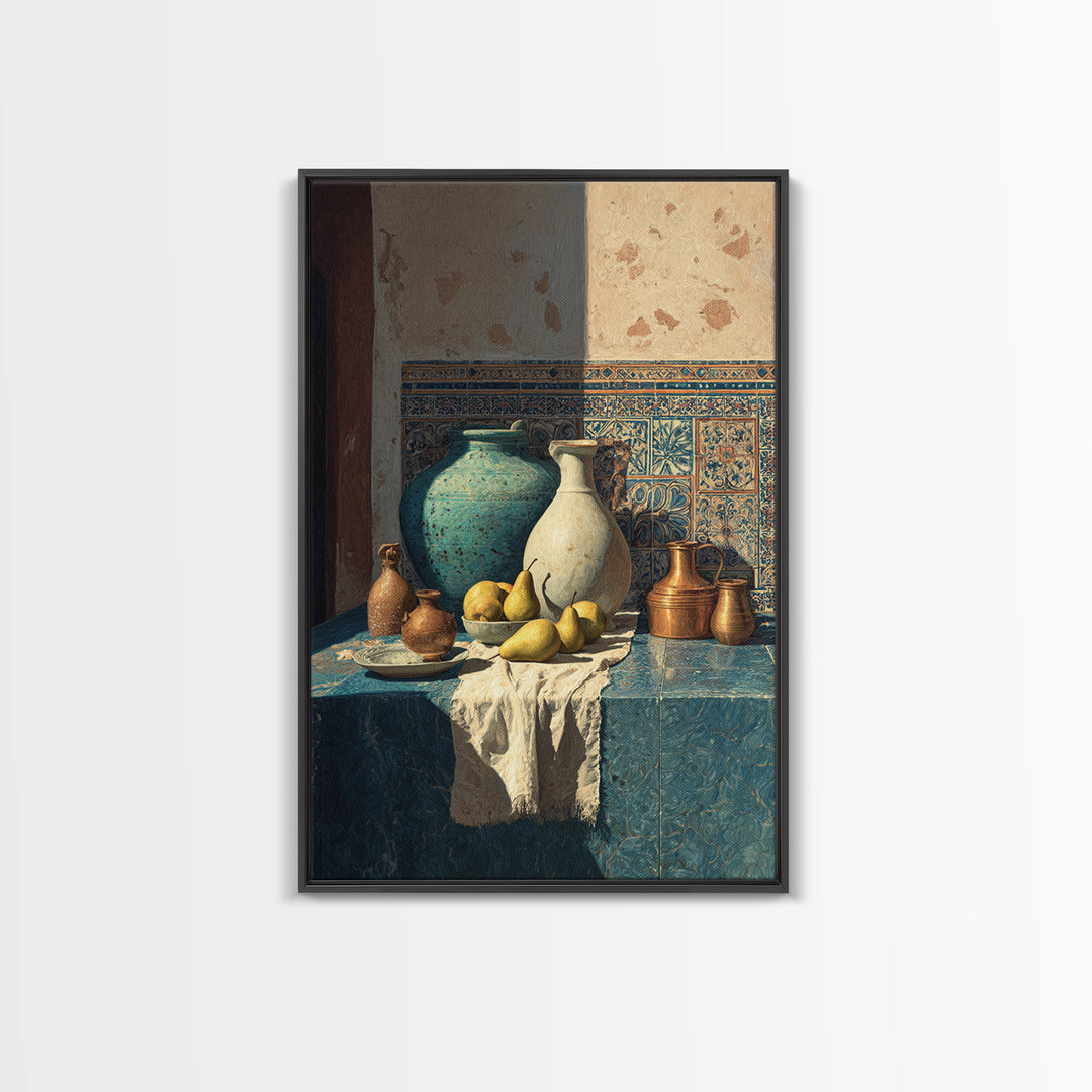 Pear Still Life on Linen Tablecloth Framed Canvas Print, French Country Art, Farmhouse Decor, Abstract Art, Country, FCA-2x3-36