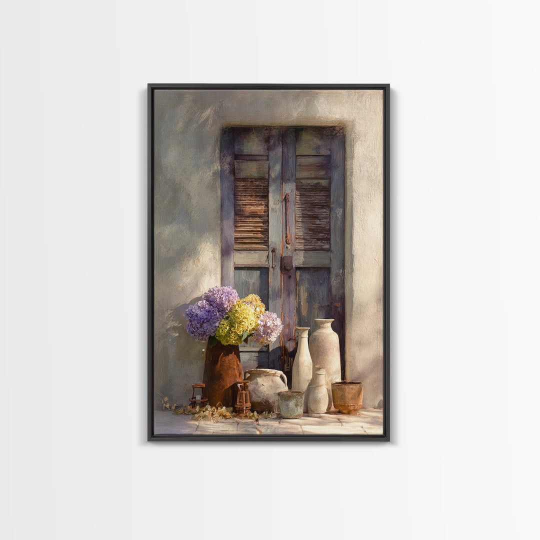 Soft Hydrangeas Beside Antique Shutters Canvas Print, French Country Art, Botanical Prints, Farmhouse Decor, Fine Art, Country, FCA-2x3-40