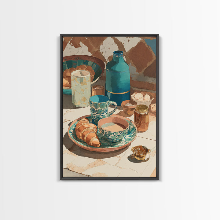 Caf Au Lait Bowl Framed Canvas Print, French Country Art, Above Bed Art, Farmhouse Decor, Watercolor Art, Country, FCA-2x3-42