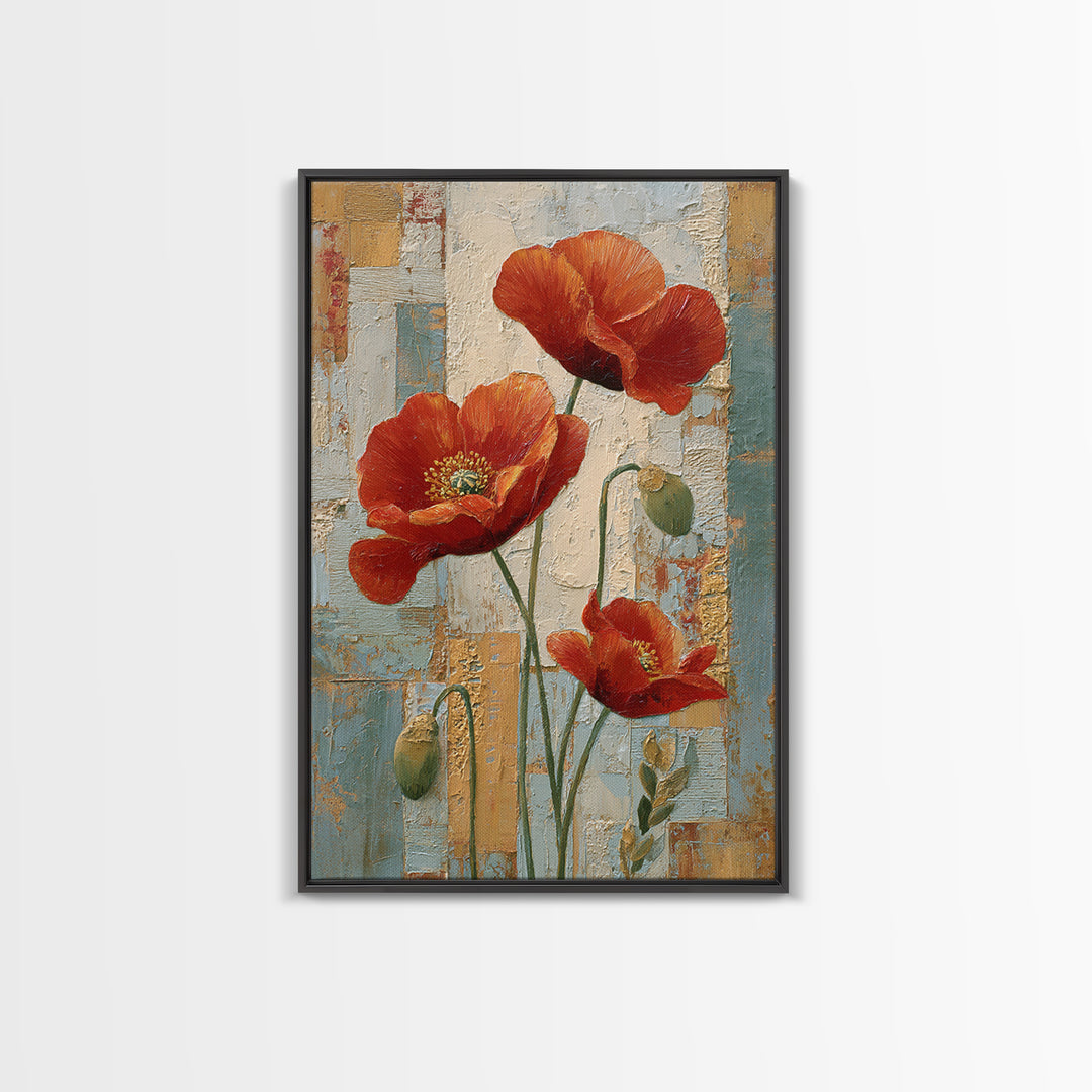 Poppies Beside a Stone Garden Wall Framed Canvas Print, French Country Art, French Country Decor, Farmhouse Decor, Country, FCA-2x3-47