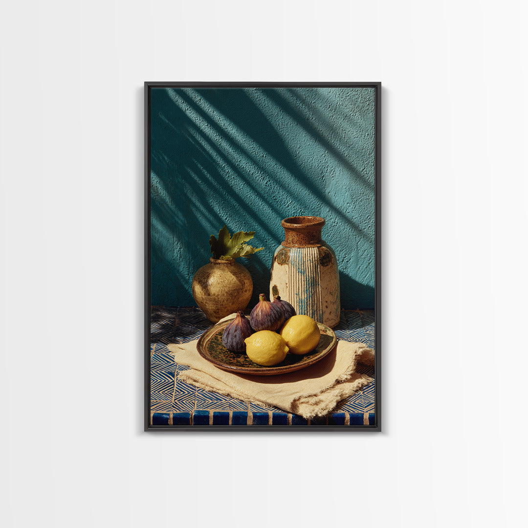 Figs on Ceramic Plate Framed Canvas Print, French Country Art, Digital Art Prints, Farmhouse Decor, Abstract Art, Country, FCA-2x3-48