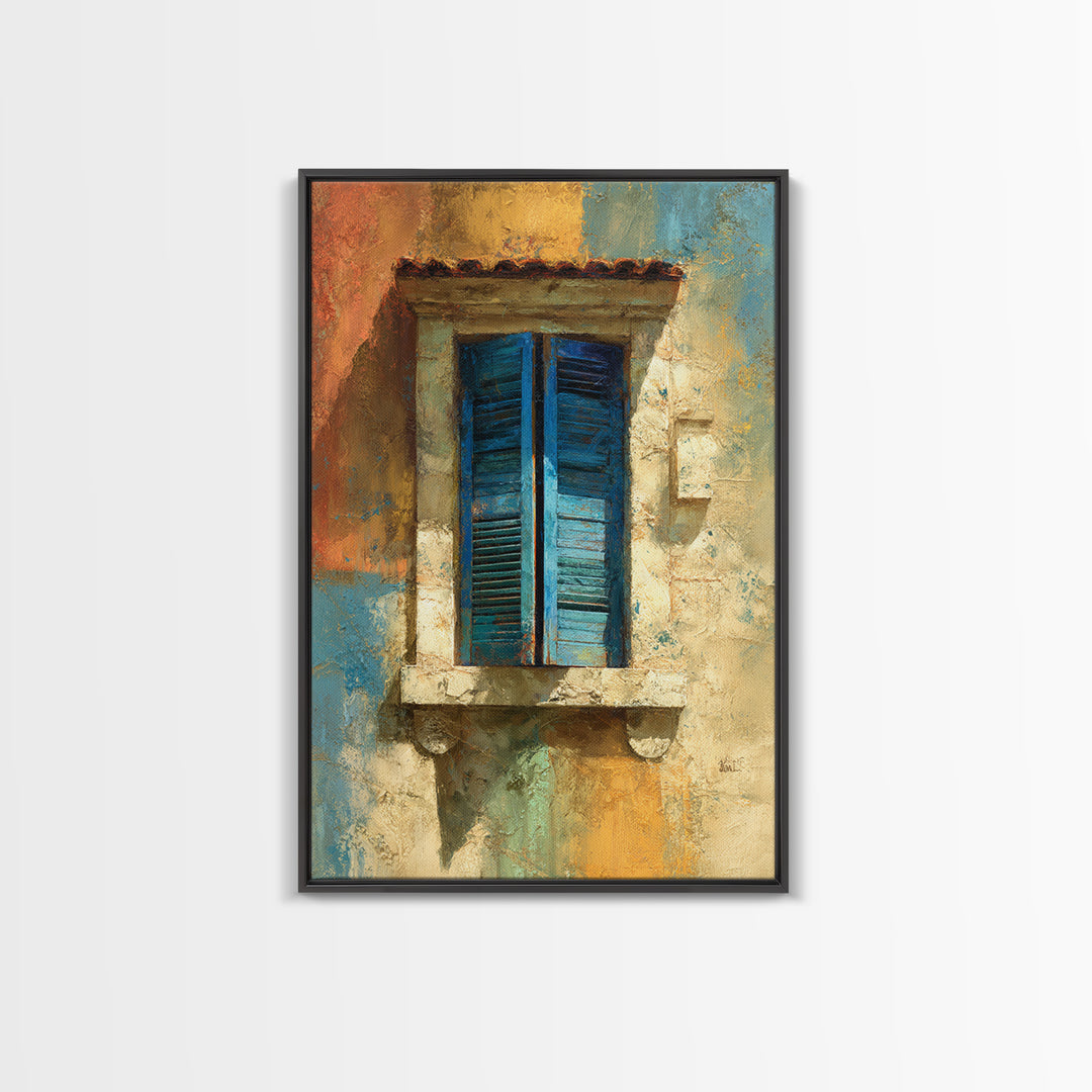 Weathered Window with Blue Shutters Framed Canvas Print, French Country Art, Boho Decor, Farmhouse Decor, Oil Painting, Country, FCA-2x3-53