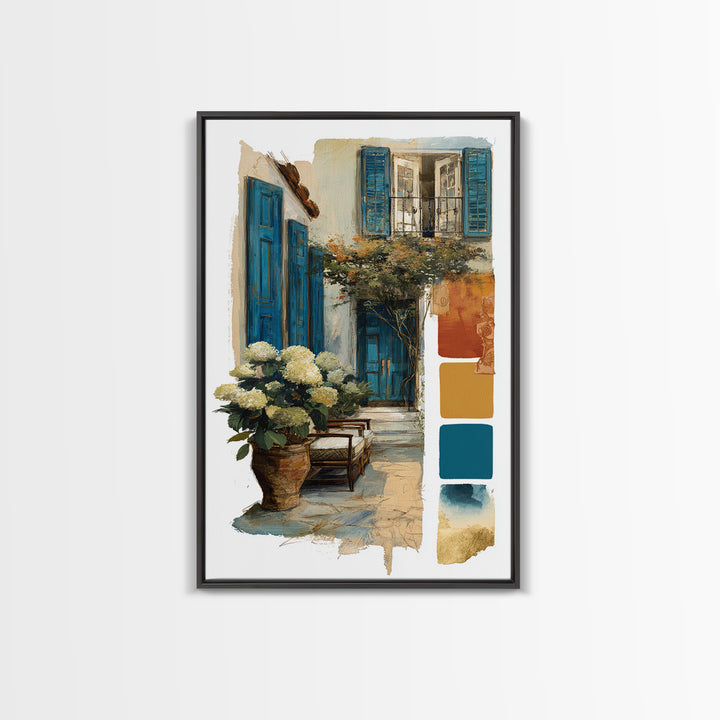 Soft Hydrangeas Beside Antique Shutters Framed Canvas Print, French Country Art, Eclectic Wall Art, Farmhouse Decor, Country, FCA-2x3-64