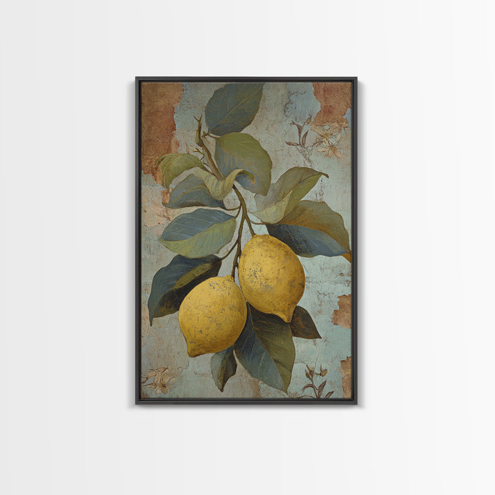 Aged Botanical Plate of Lemons and Leaves Framed Canvas Print, French Country Art, Modern Decor, Farmhouse Decor, Oil Painting, FCA-2x3-68