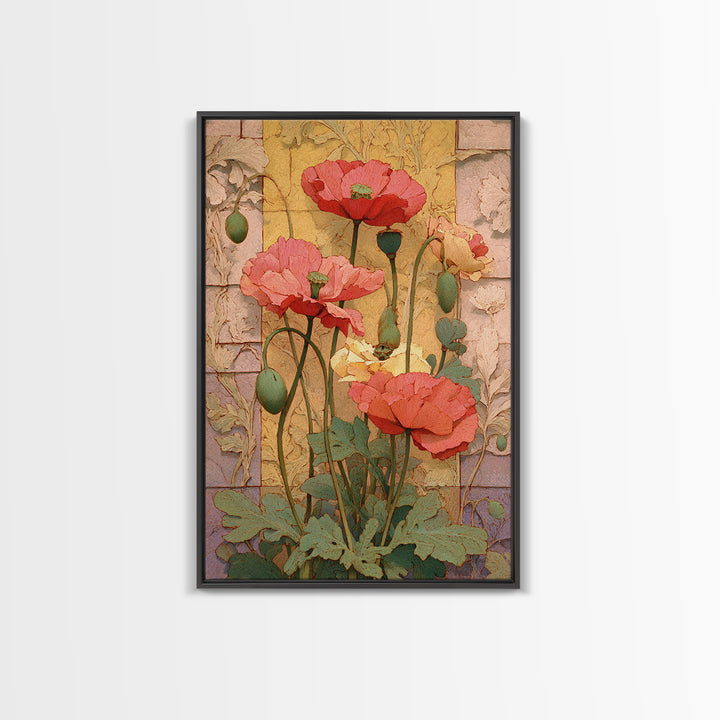 Poppies Beside a Stone Garden Wall Canvas Print, French Country Art, Digital Download Art, Farmhouse Decor, Oil Painting, FCA-2x3-71