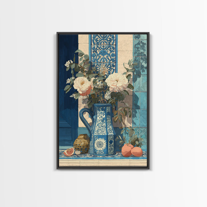 Blue and White Ceramic Pitcher Framed Canvas Print, French Country Art, Boho Decor, Farmhouse Decor, Fine Art, Country, FCA-2x3-83