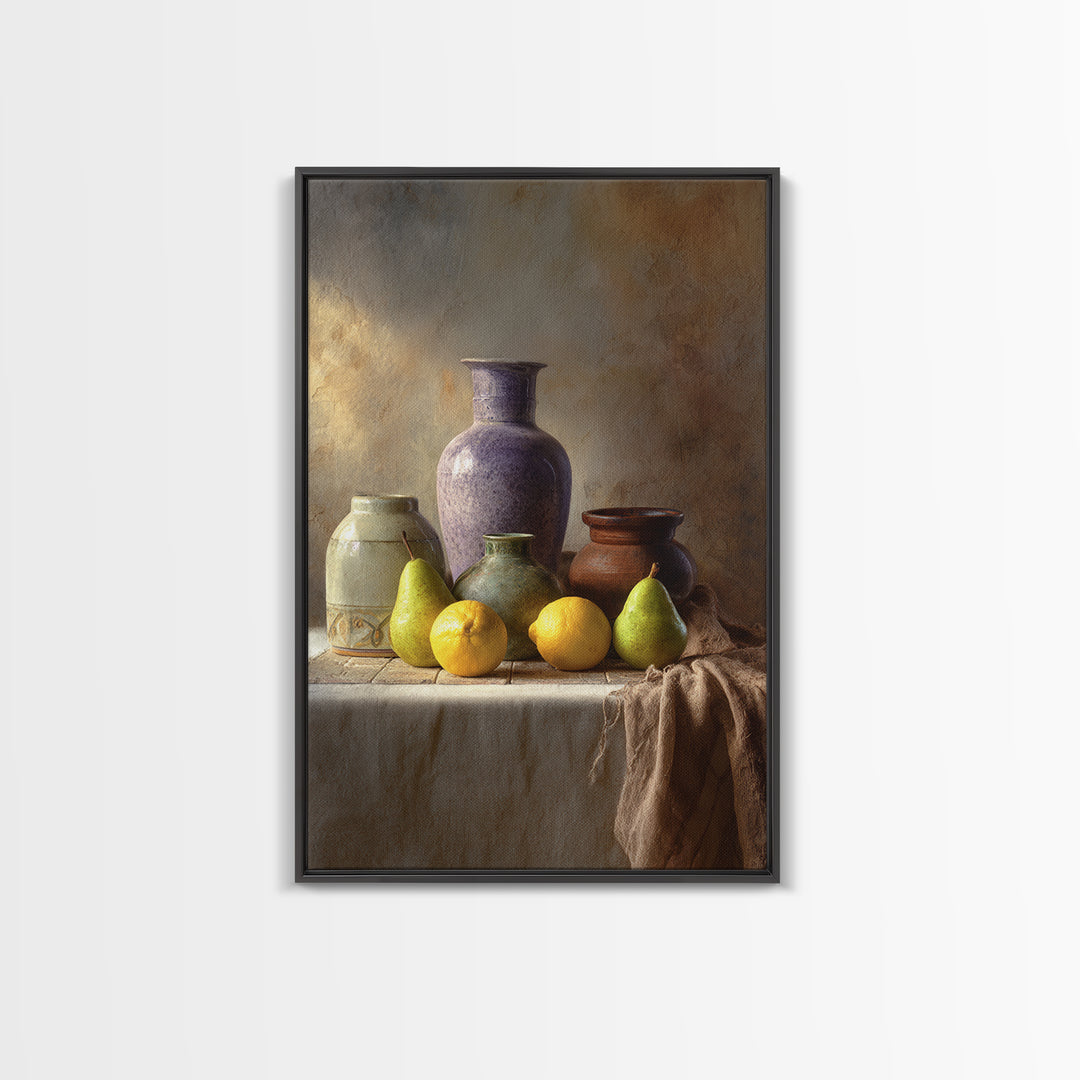 Pear Still Life on Linen Tablecloth Framed Canvas Print, French Country Art, Farmhouse Decor, Abstract Art, Country, FCA-2x3-84