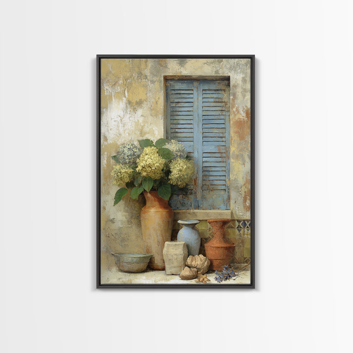 Soft Hydrangeas Beside Antique Shutters Framed Canvas Print, French Country Art, Neutral Decor, Farmhouse Decor, Country, FCA-2x3-88