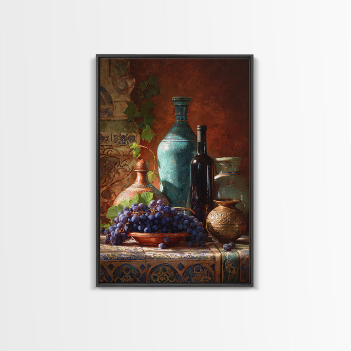 Grapes and Wine Still Life Framed Canvas Print, French Country Art, Wall Art, Farmhouse Decor, Watercolor Art, Country, FCA-2x3-89