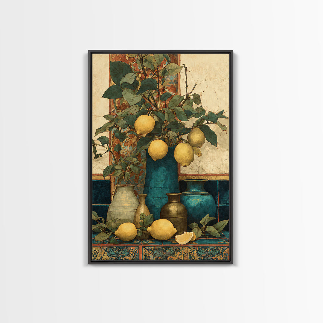 Aged Botanical Plate of Lemons and Leaves Framed Canvas Print, French Country Art, Farmhouse Decor, Fine Art, Country, FCA-2x3-92