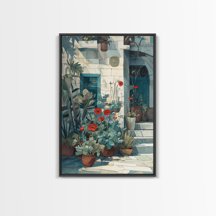 Poppies Beside a Stone Garden Wall Canvas Print, French Country Art, Art Print, Farmhouse Decor, Watercolor Art, Country, FCA-2x3-95