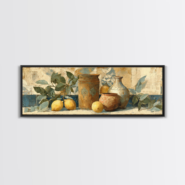 Aged Botanical Plate of Lemons and Leaves Canvas Print, French Country Art, Coastal Wall Art, Farmhouse Decor, Country, FCA-3x1-100
