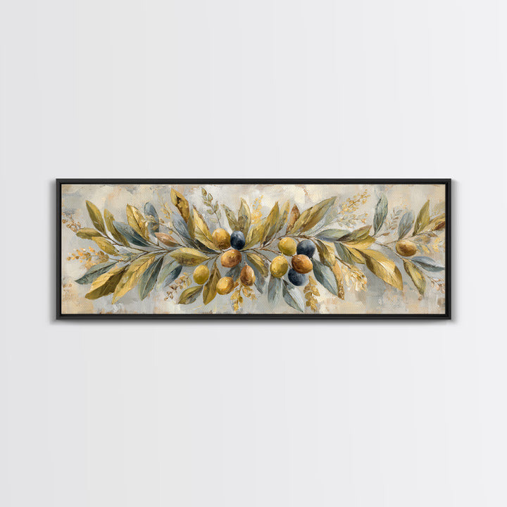 Olive Branch Wreath on Cream Ground Canvas Print, French Country Art, Landscape Painting, Farmhouse Decor, Watercolor Art, FCA-3x1-14