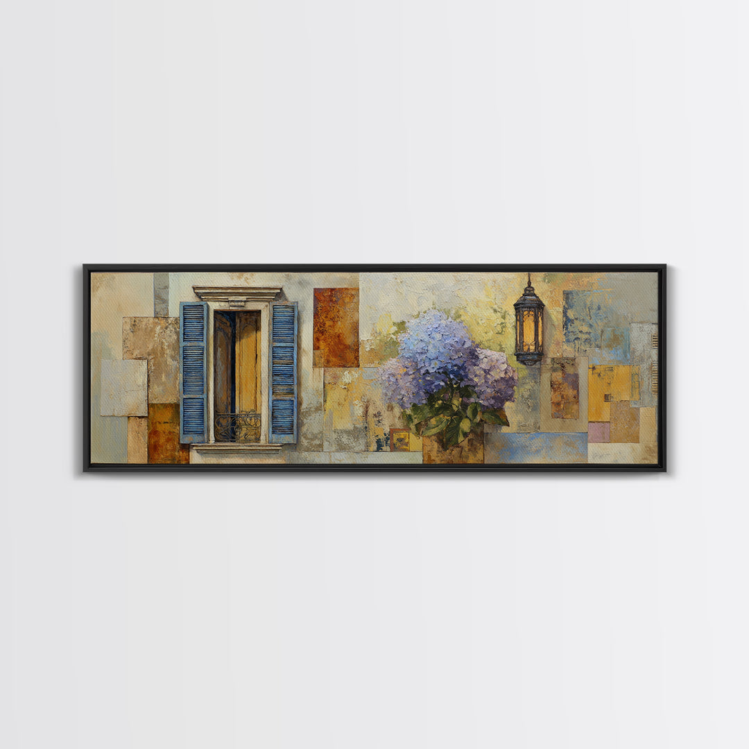 Soft Hydrangeas Beside Antique Shutters Canvas Print, French Country Art, Farmhouse Wall Art, Farmhouse Decor, Country, FCA-3x1-24