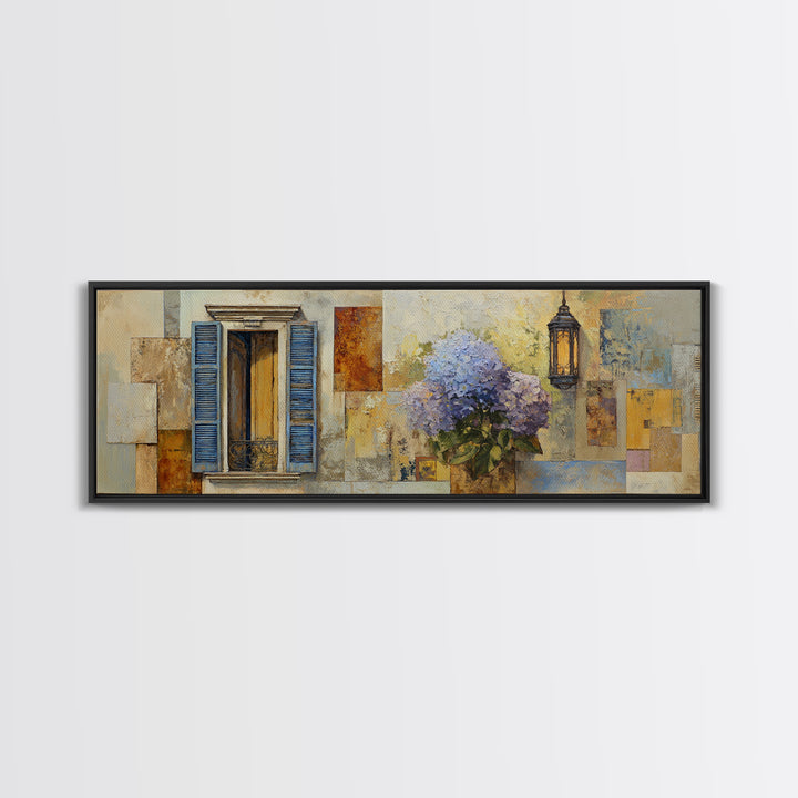 Soft Hydrangeas Beside Antique Shutters Canvas Print, French Country Art, Farmhouse Wall Art, Farmhouse Decor, Country, FCA-3x1-24
