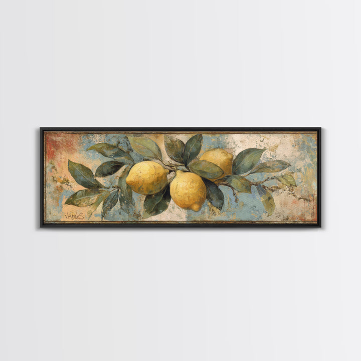 Aged Botanical Plate of Lemons and Leaves Canvas Print, French Country Art, Landscape Wall Art, Farmhouse Decor, Country, FCA-3x1-28