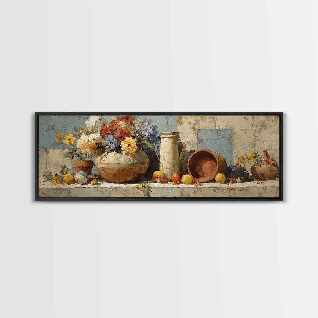 Antique Copper Pot and Flowers Still Life Canvas Print, French Country Art, Digital Download Art, Farmhouse Decor, Oil Painting, FCA-3x1-40