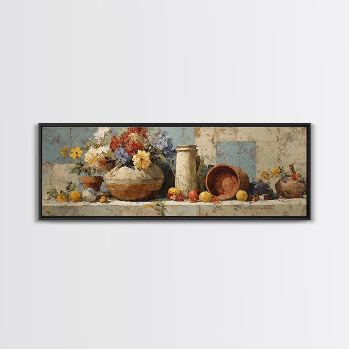 Antique Copper Pot and Flowers Still Life Canvas Print, French Country Art, Digital Download Art, Farmhouse Decor, Oil Painting, FCA-3x1-40