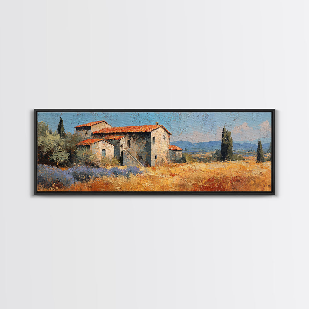 Lavender Field with Distant Stone Farmhouse Canvas Print, French Country Art, Printable Art, Farmhouse Decor, Watercolor Art, FCA-3x1-41