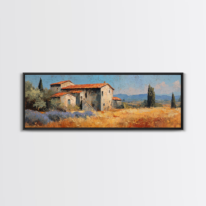 Lavender Field with Distant Stone Farmhouse Canvas Print, French Country Art, Printable Art, Farmhouse Decor, Watercolor Art, FCA-3x1-41