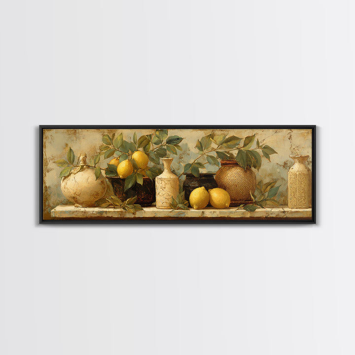 Aged Botanical Plate of Lemons and Leaves Framed Canvas Print, French Country Art, Boho Decor, Farmhouse Decor, Country, FCA-3x1-52