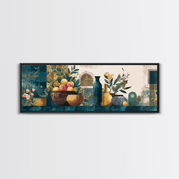 Basket of Fresh Peaches and Wildflowers Framed Canvas Print, French Country Art, Neutral Decor, Farmhouse Decor, Oil Painting, FCA-3x1-60
