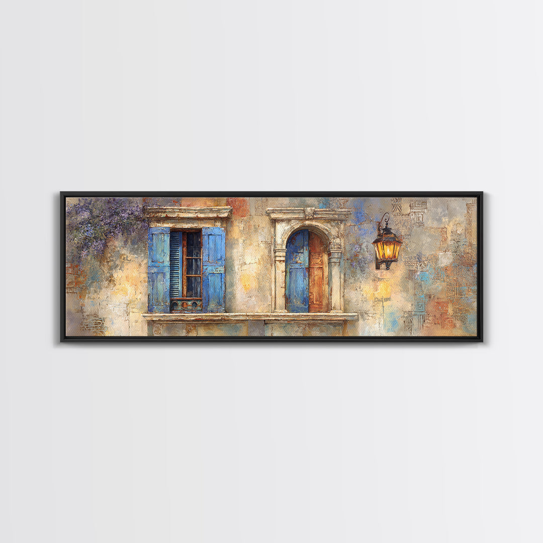 Weathered Window with Blue Shutters Canvas Print, French Country Art, Home Decor Gift, Farmhouse Decor, Oil Painting, Country, FCA-3x1-61