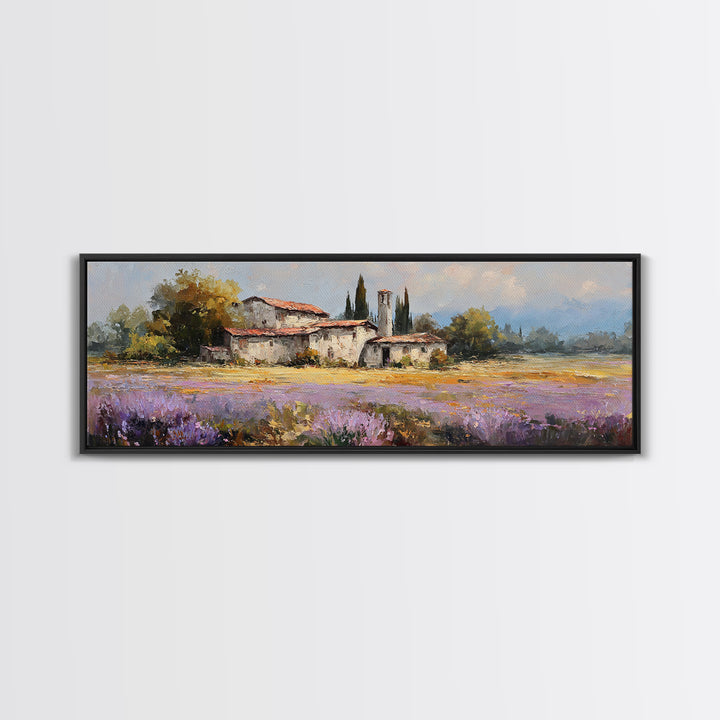 Lavender Field with Distant Stone Farmhouse Canvas Print, French Country Art, Printable Art, Farmhouse Decor, Watercolor Art, FCA-3x1-65