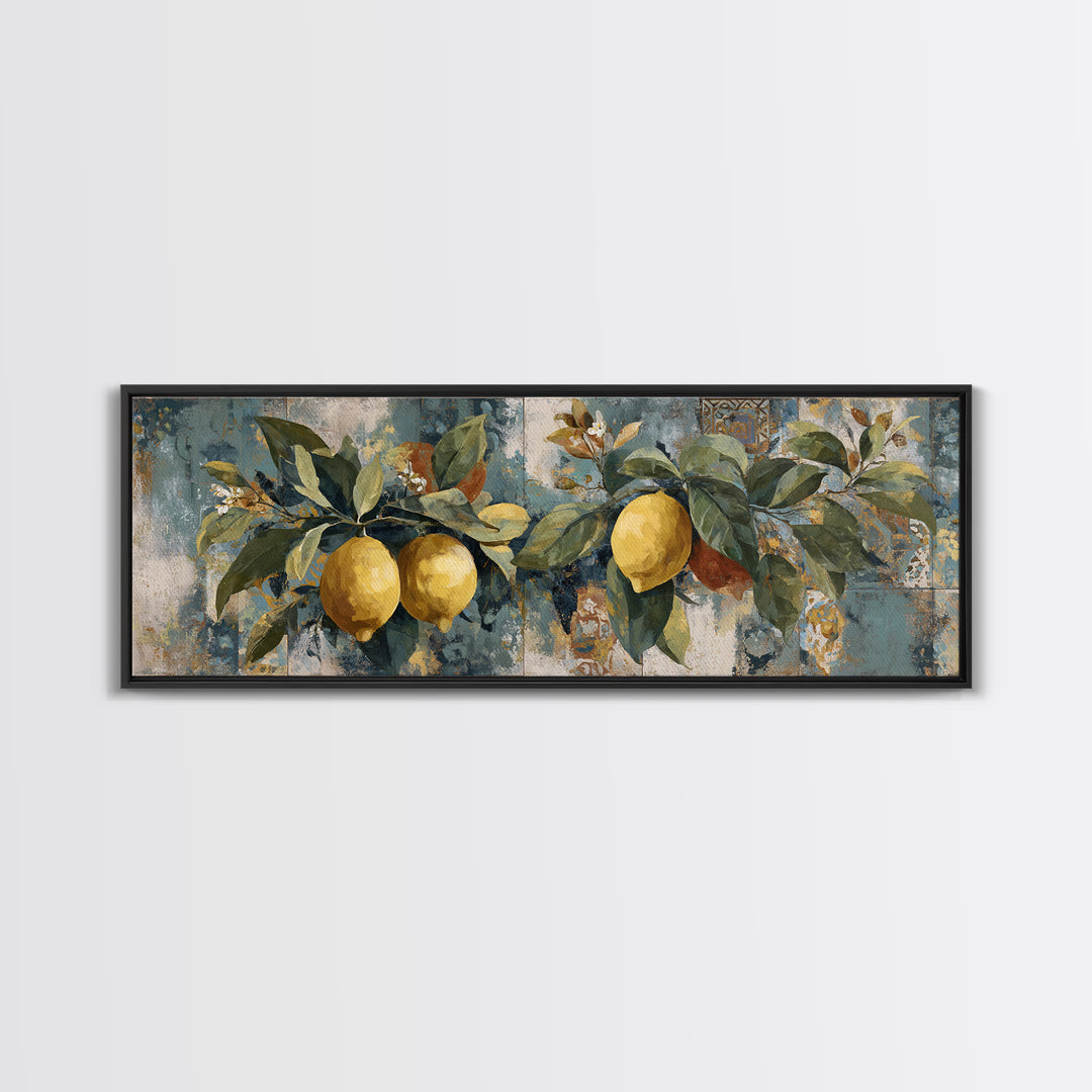 Aged Botanical Plate of Lemons and Leaves Canvas Print, French Country Art, Farmhouse Decor, Oil Painting, Country, FCA-3x1-76