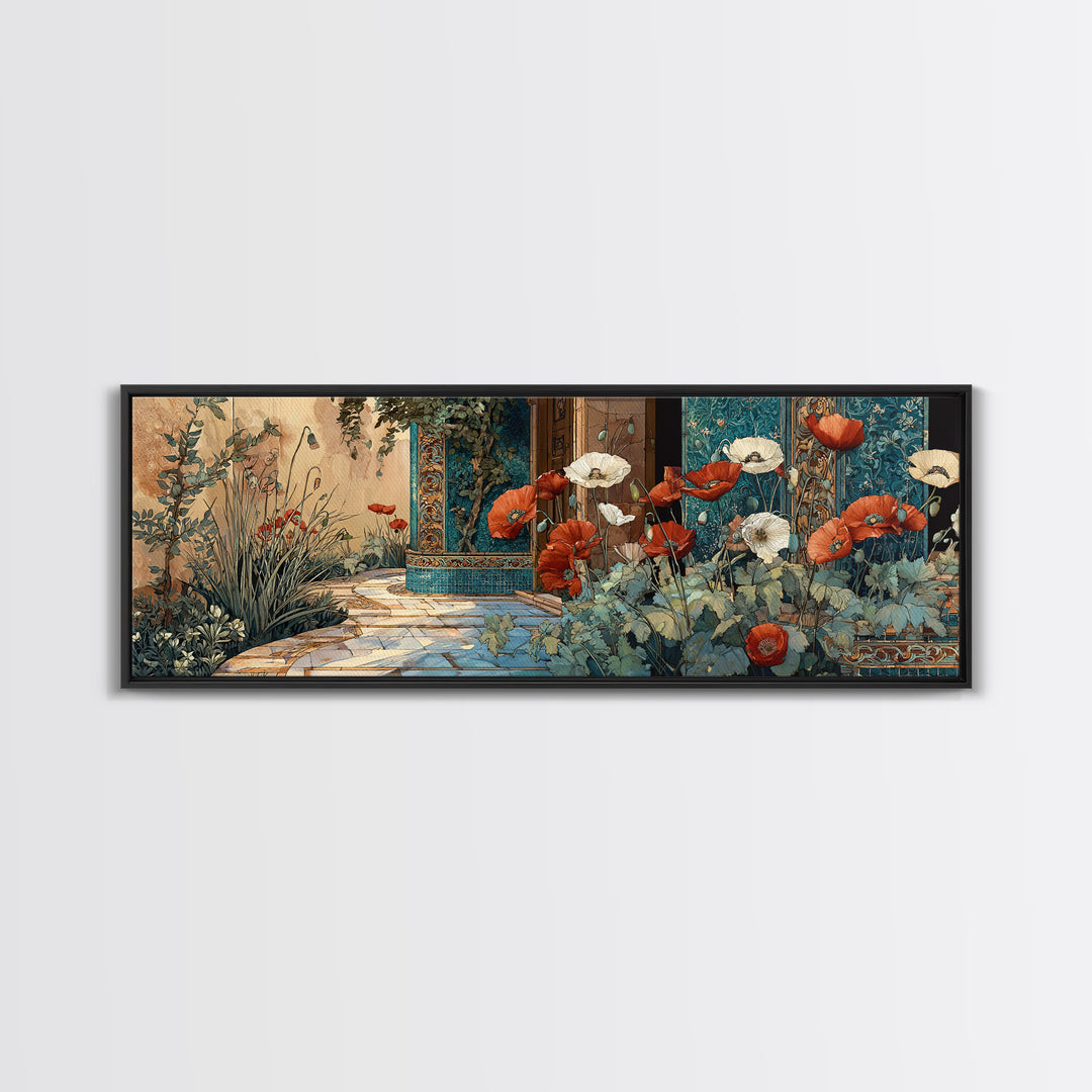 Poppies Beside a Stone Garden Wall Framed Canvas Print, French Country Art, Digital Art, Farmhouse Decor, Watercolor Art, FCA-3x1-79