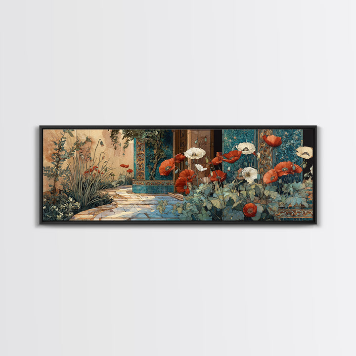 Poppies Beside a Stone Garden Wall Framed Canvas Print, French Country Art, Digital Art, Farmhouse Decor, Watercolor Art, FCA-3x1-79