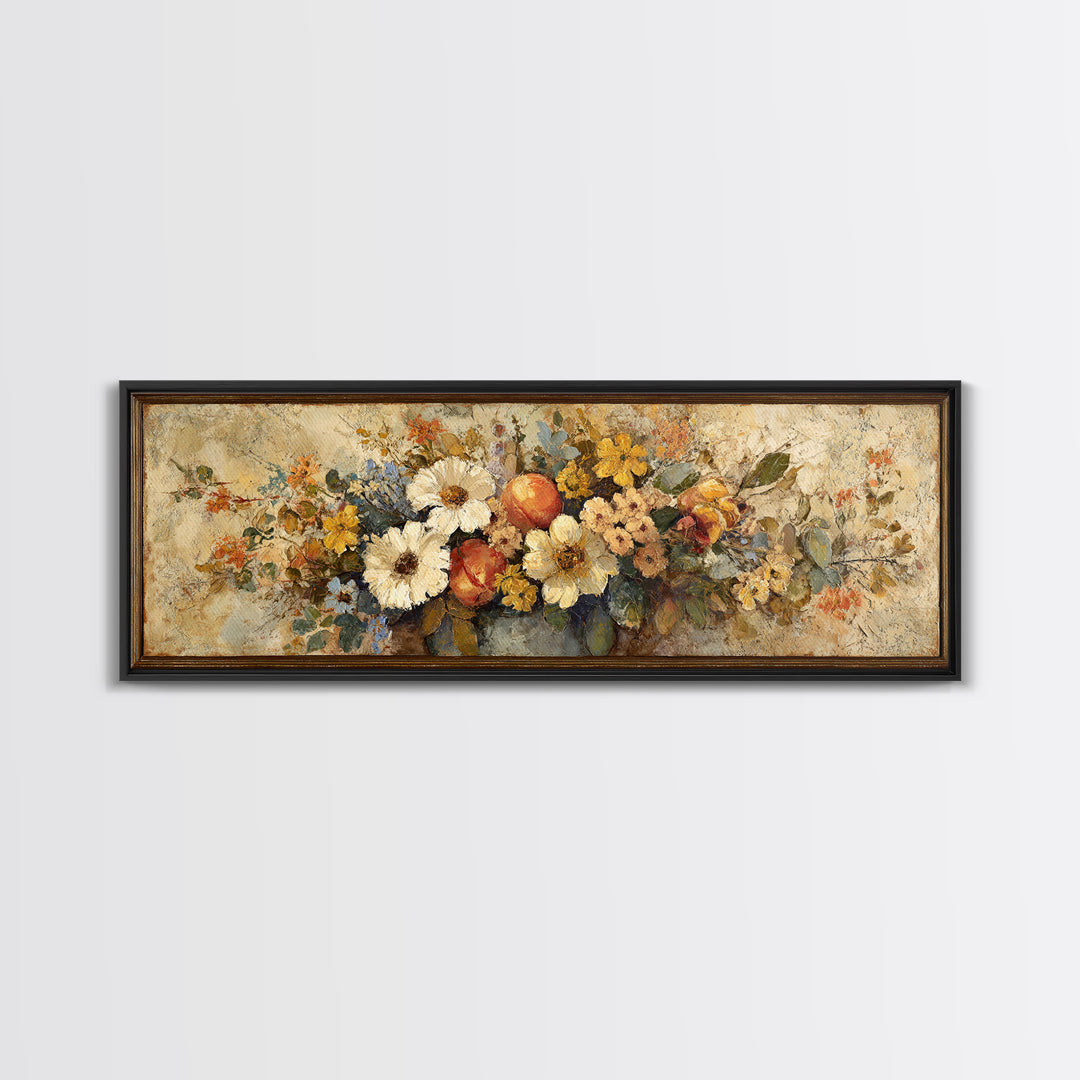 Basket of Fresh Peaches and Wildflowers Canvas Print, French Country Art, Contemporary Art, Farmhouse Decor, Country, FCA-3x1-84