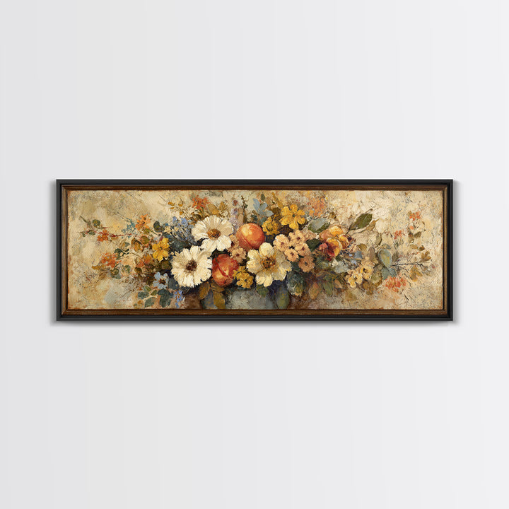 Basket of Fresh Peaches and Wildflowers Canvas Print, French Country Art, Contemporary Art, Farmhouse Decor, Country, FCA-3x1-84