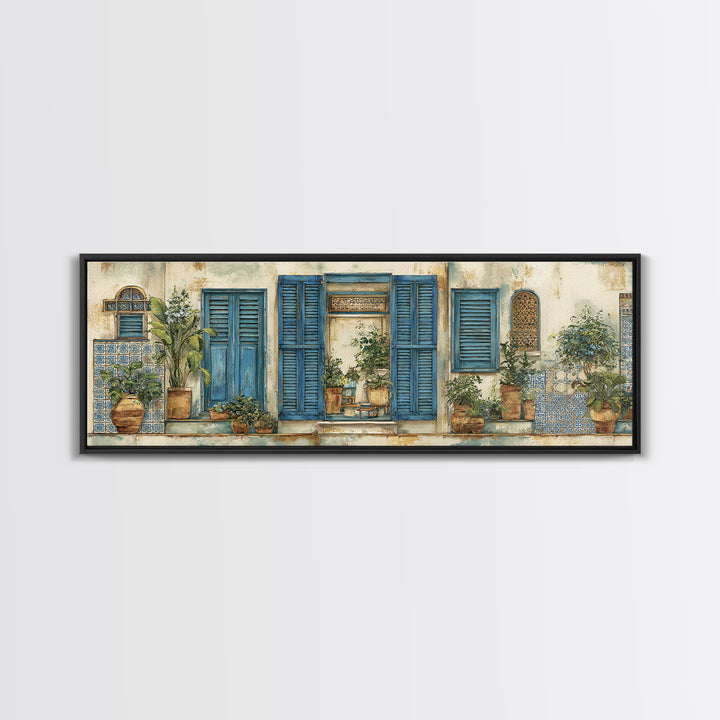 Weathered Window with Blue Shutters Canvas Print, French Country Art, Home Decor Gift, Farmhouse Decor, Oil Painting, Country, FCA-3x1-85