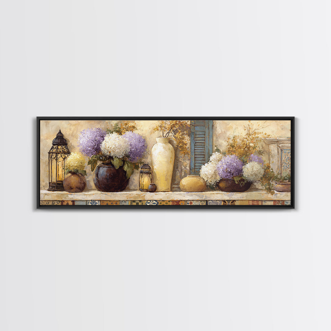 Soft Hydrangeas Beside Antique Shutters Canvas Print, French Country Art, Botanical Prints, Farmhouse Decor, Fine Art, Country, FCA-3x1-96