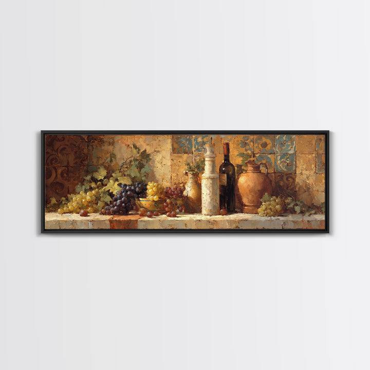 Grapes and Wine Still Life Canvas Print, French Country Art, Coastal Wall Art, Farmhouse Decor, Watercolor Art, Country, FCA-3x1-97