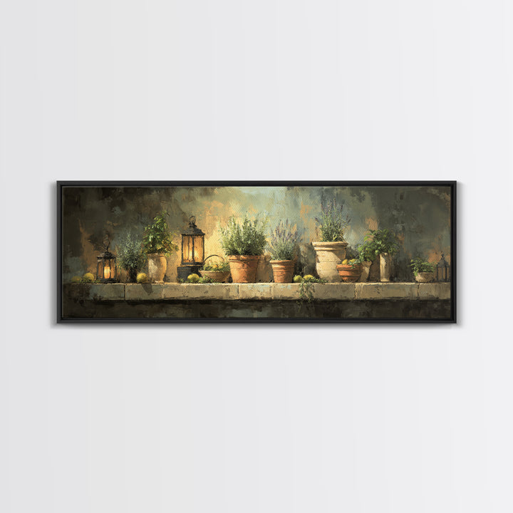 Terra Cotta Pots Framed Canvas Print, French Country Art, Eclectic Wall Art, Farmhouse Decor, Fine Art, Country, Modern Decor, FCA-3x1-99