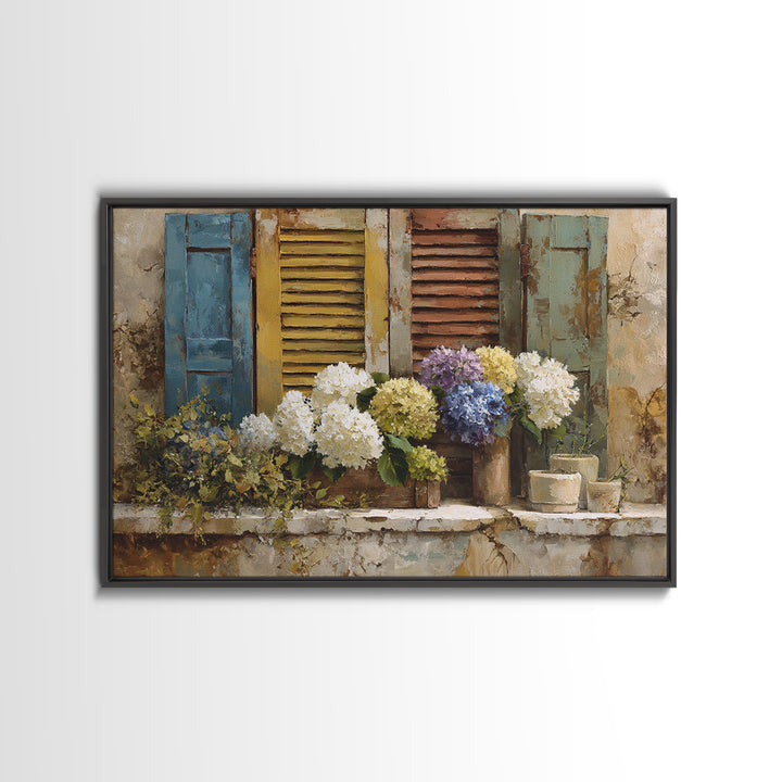 Soft Hydrangeas Beside Antique Shutters Canvas Print, French Country Art, Luxury Decor, Farmhouse Decor, Fine Art, Country, FCA-3x2-12