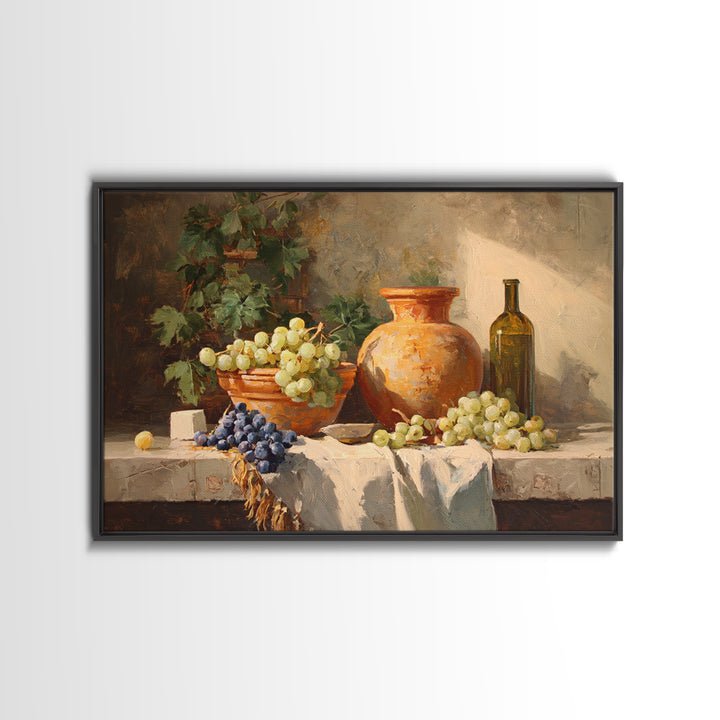 Grapes and Wine Still Life Framed Canvas Print, French Country Art, Wall Art, Farmhouse Decor, Watercolor Art, Country, FCA-3x2-13