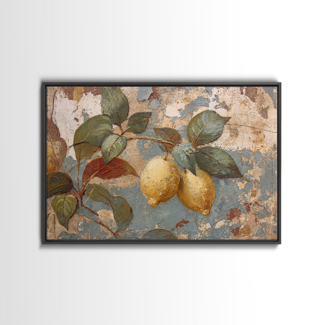 Aged Botanical Plate of Lemons and Leaves Canvas Print, French Country Art, Art Print, Farmhouse Decor, Watercolor Art, Country, FCA-3x2-16