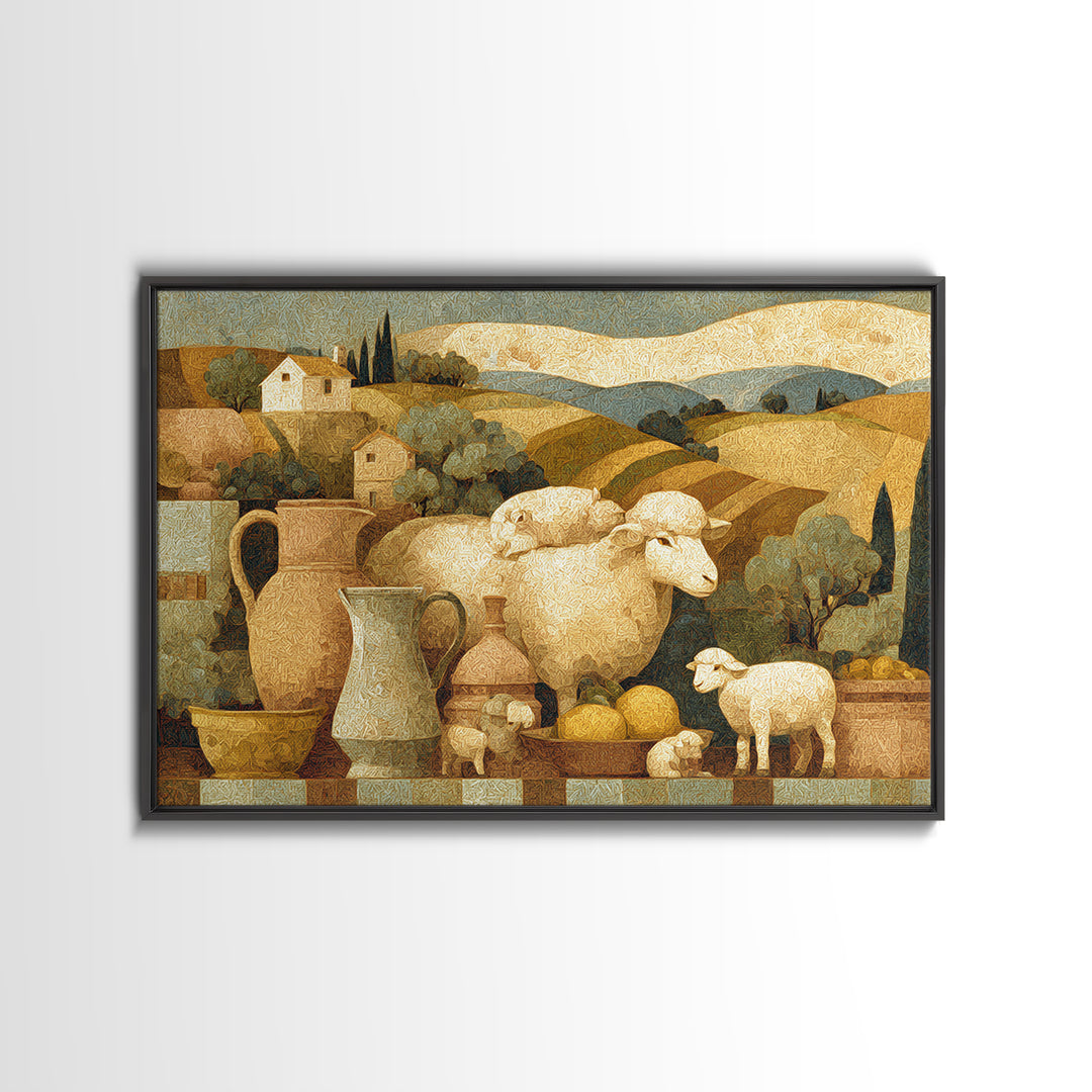 Pastoral Sheep in Rolling Countryside Framed Canvas Print, French Country Art, Textured Painting, Farmhouse Decor, Country, FCA-3x2-18