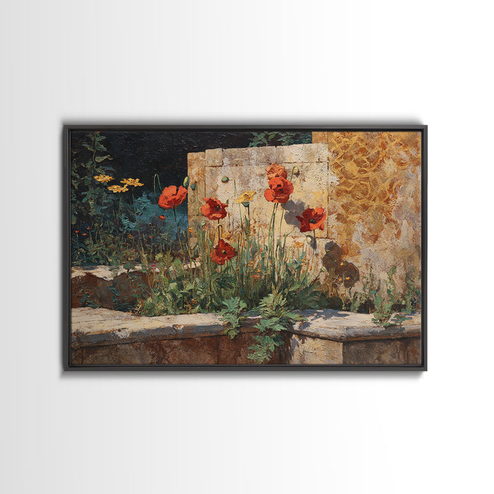 Poppies Beside a Stone Garden Wall Framed Canvas Print, French Country Art, Wall Art, Farmhouse Decor, Fine Art, Country, FCA-3x2-19