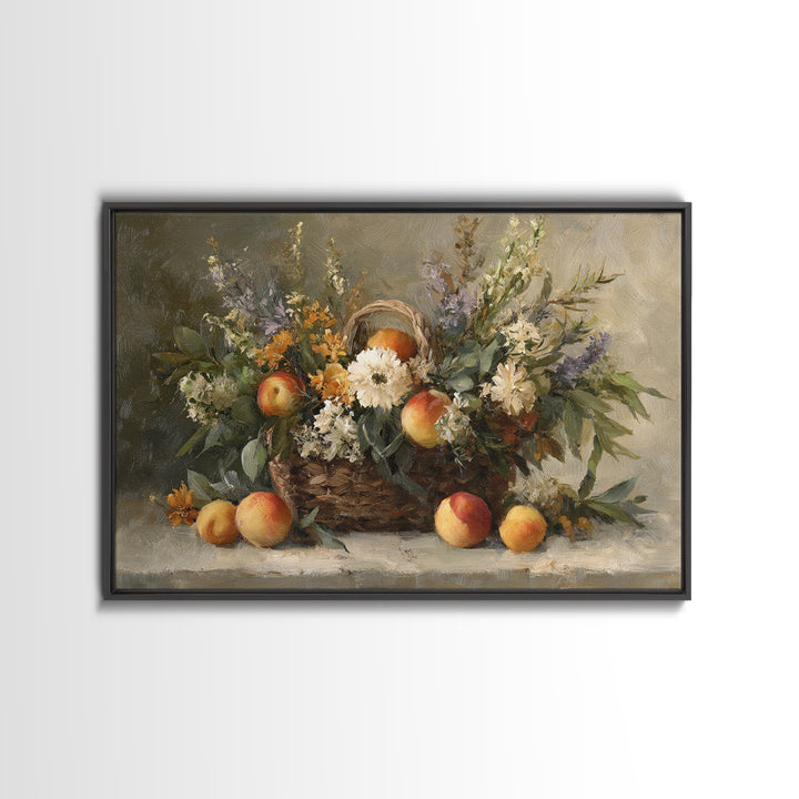 Basket of Fresh Peaches and Wildflowers Framed Canvas Print, French Country Art, Textured Painting, Farmhouse Decor, Country, FCA-3x2-24